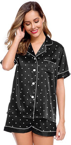 LecGee Womens Silk Satin Pajamas Short Sleeve Loungewear Two-Piece Sleepwear Button-Down Pj Set