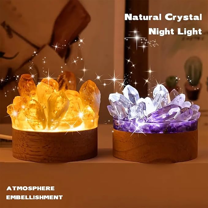 Runyangshi Natural Crystal Night Lamp Bedroom Bedside Sleep Night Light Citrine Healing Crystal Gemstone Quartz Light Ambient Light USB Powered Night Decorations Desktop Ornament for Home Decor Gift