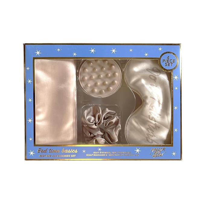 Holler And Glow Bedtime Basics Accessories Valentine's Day Set, Limited Edition, Sleep Eye Mask, Silk Scrunchie, Hair Growth Scalp Massager, Satin Pillowcase, Beauty Sleep For Women, 4 Piece Gift Set