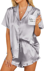 Ekouaer Womens Satin Pajamas Set Button Down 2 Piece Silk Pjs Shorts Set Ruffle Lingerie Notch Collar Sleepwear