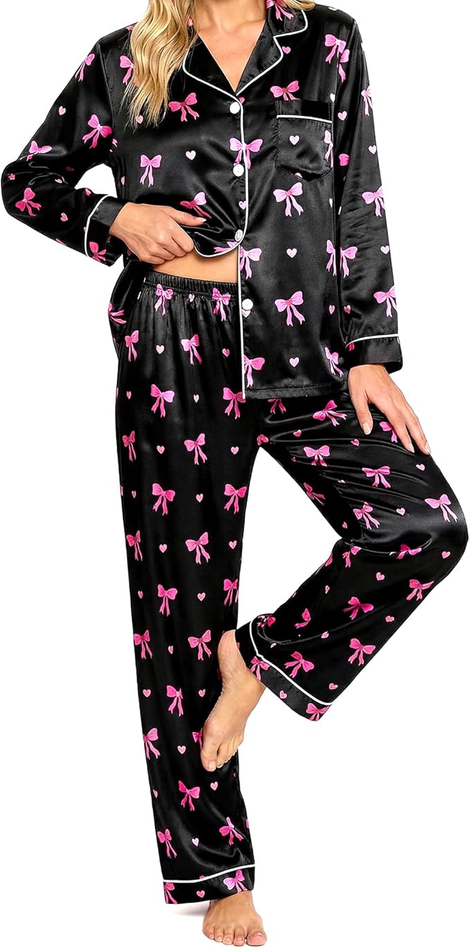 Womens Satin Pajama Set 2 Piece Silk Long Sleeve Pjs Soft Button Down Loungewear Sleepwear