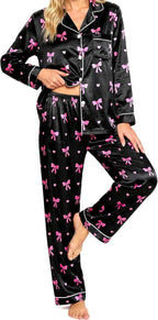 Womens Satin Pajama Set 2 Piece Silk Long Sleeve Pjs Soft Button Down Loungewear Sleepwear