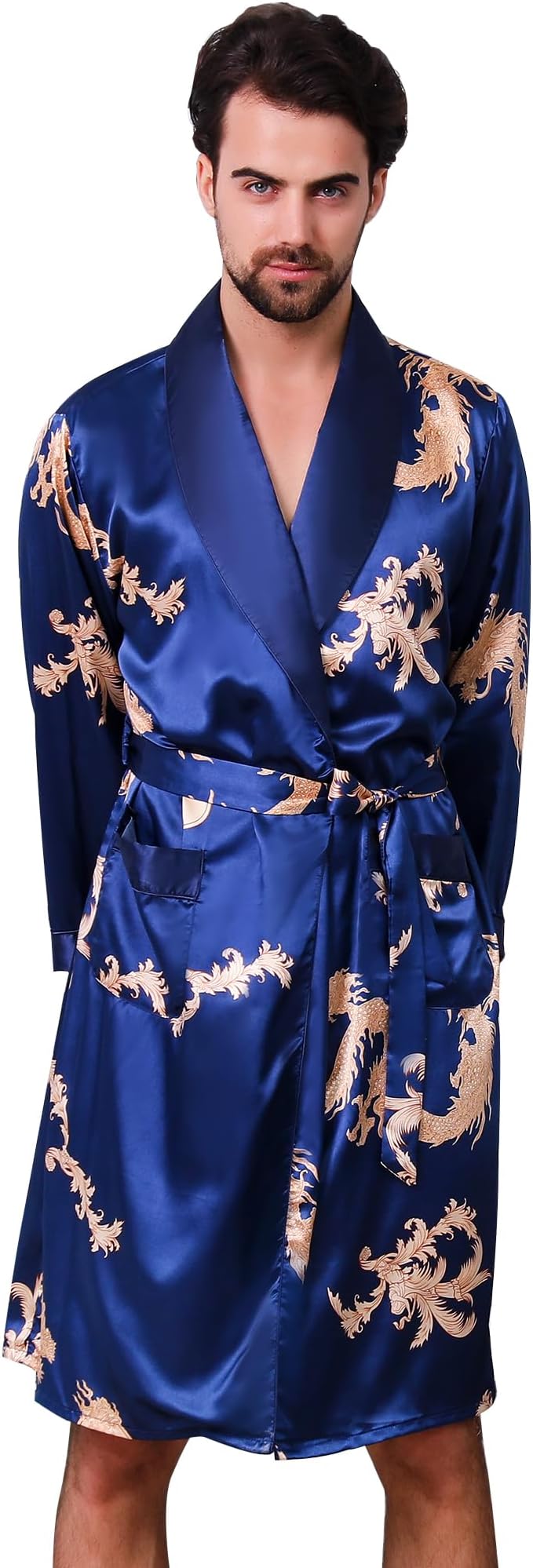 Haseil Men's Satin Robe Dragon Luxurious Silk Spa Long Sleeve House Kimono Bathrobe