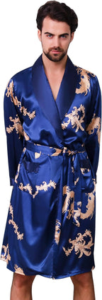 Haseil Men's Satin Robe Dragon Luxurious Silk Spa Long Sleeve House Kimono Bathrobe