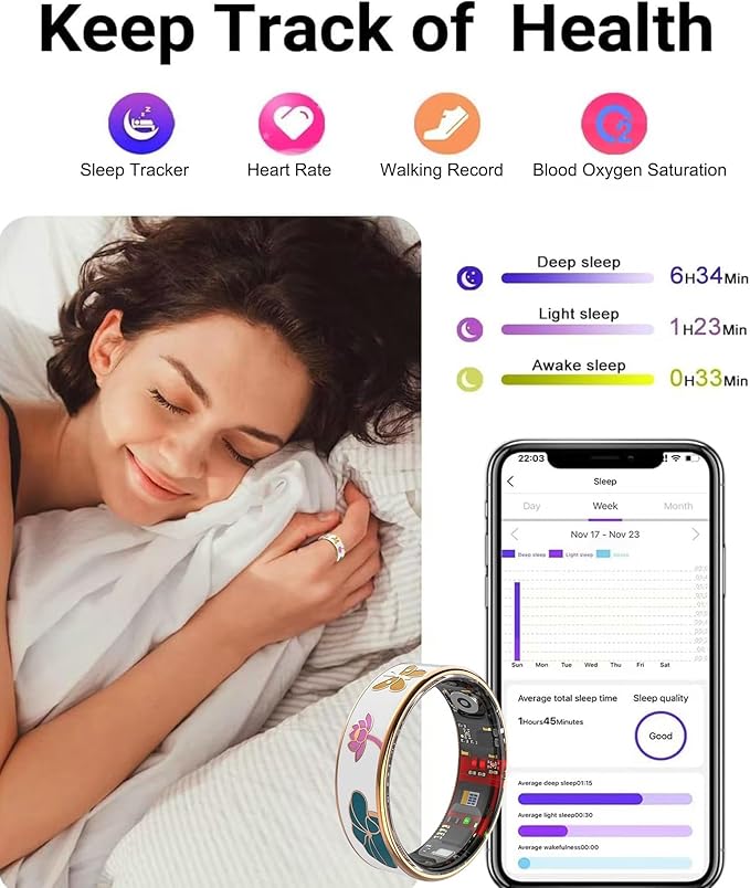 Smart Ring for Women,Fitness Tracker with Heart Rate,Blood Oxygen,Menstrual Cycle,Sleep Monitoring,Step Counting,IP68 Waterproof for iOS and Android,No Subscription Fee (7#)