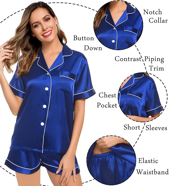 LecGee Womens Silk Satin Pajamas Short Sleeve Loungewear Two-Piece Sleepwear Button-Down Pj Set