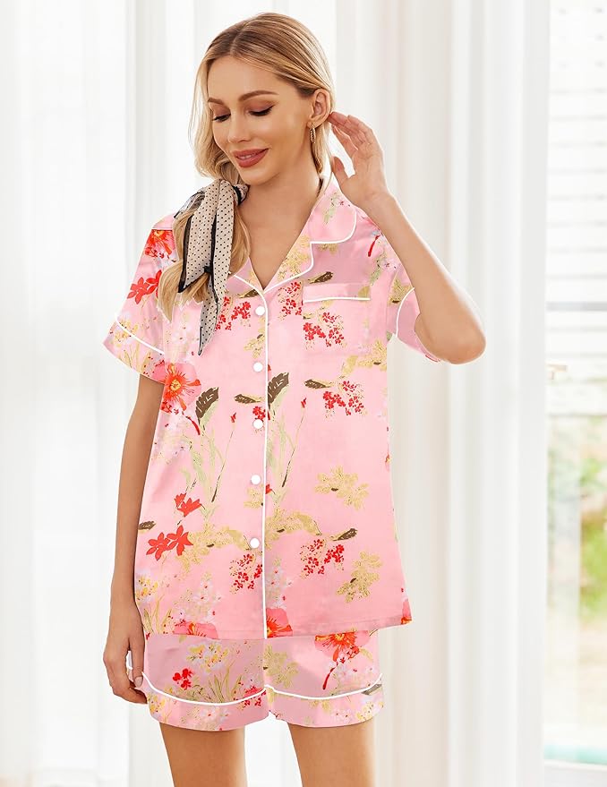 Ekouaer Womens Silk Satin Pajama Sets Soft Short Sleeve Button Down Sleepwear Top and Shorts 2 Piece Pjs Lounge Set