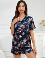 LecGee Womens Silk Satin Pajamas Short Sleeve Loungewear Two-Piece Sleepwear Button-Down Pj Set