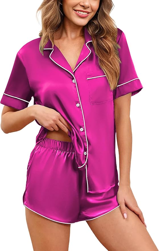 Ekouaer Womens Silk Satin Pajamas Set Short Sleeve Sleepwear Button Down Loungewear 2 Piece Pjs Shorts Set S-5X Plus Size