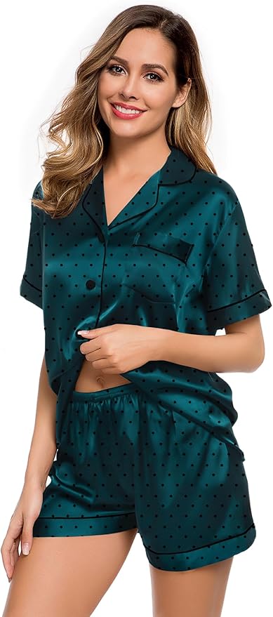 LecGee Womens Silk Satin Pajamas Short Sleeve Loungewear Two-Piece Sleepwear Button-Down Pj Set
