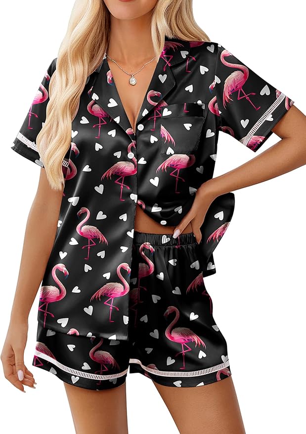 Ekouaer Womens Silk Pajama Sets Button Up Satin Pjs Short Sleeve 2 Piece Pj Sets Cute Lounge Sets with Chest Pocket