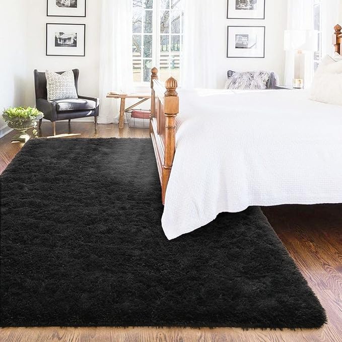 ISEAU Ultra Soft Fluffy Rug for Bedroom, 3 x 5 Feet Shaggy Area Rugs for Living Room Fuzzy Carpet Comfy Nursery Mat Bedside Carpets for Kids Boys Room Home Decor, Black