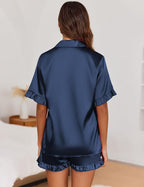 Ekouaer Satin Pajama Set for Women Button Down Silk 2 Piece Pj Sets Ruffle Short Sleeve Sleepwear