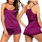 Ekouaer Satin Pajamas Women Lace Sleepwear Lingerie Cami Shorts Set Nightwear XS-XXL