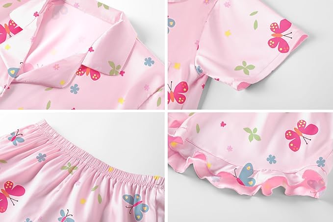 Umeyda Girls & Women Satin Pajamas Set Button Down 2 Piece Silk Pjs Shorts Set Ruffle Sleepwear, 5 Years-Women L