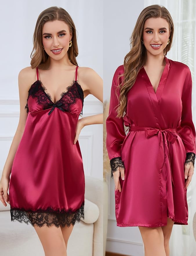 Womens Silk Lingerie Robe Nightgown 2 Piece Pajamas Set Sexy Lace V Neck Cami Satin Sleepwear