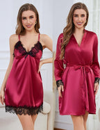 Womens Silk Lingerie Robe Nightgown 2 Piece Pajamas Set Sexy Lace V Neck Cami Satin Sleepwear