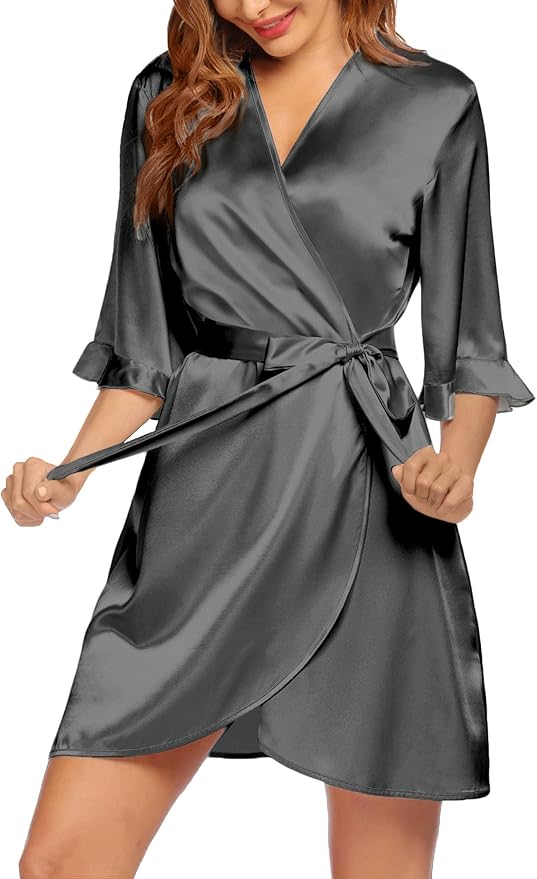 Ekouaer Women's Satin Robe Valentines Lingerie for Women Kimono Bathrobe Short Ruffle Belted Robes Bridesmaids Sleepwear
