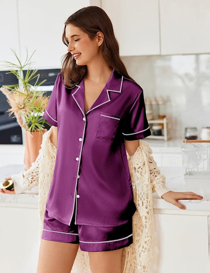 Ekouaer Womens Satin Silk Pajamas Set Short Sleeve Sleepwear Button Down Top and Shorts Loungewear 2 Piece Pjs Set S-XXL