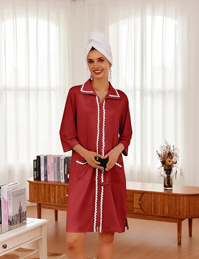 Ekouaer Women Zipper Robe Lightweight House Coat Zipper Front Short Bathrobes Soft Nightgown with Pockets S-3XL