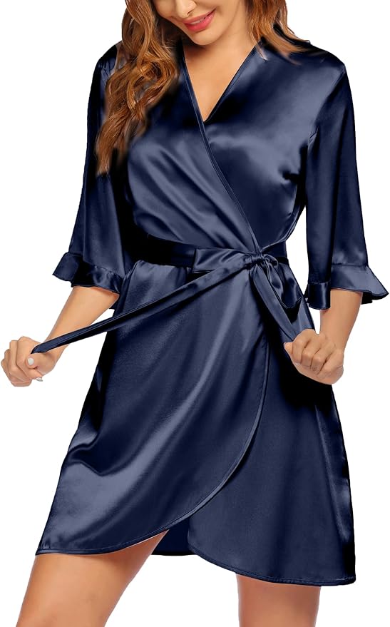 Ekouaer Women's Satin Robe Valentines Lingerie for Women Kimono Bathrobe Short Ruffle Belted Robes Bridesmaids Sleepwear