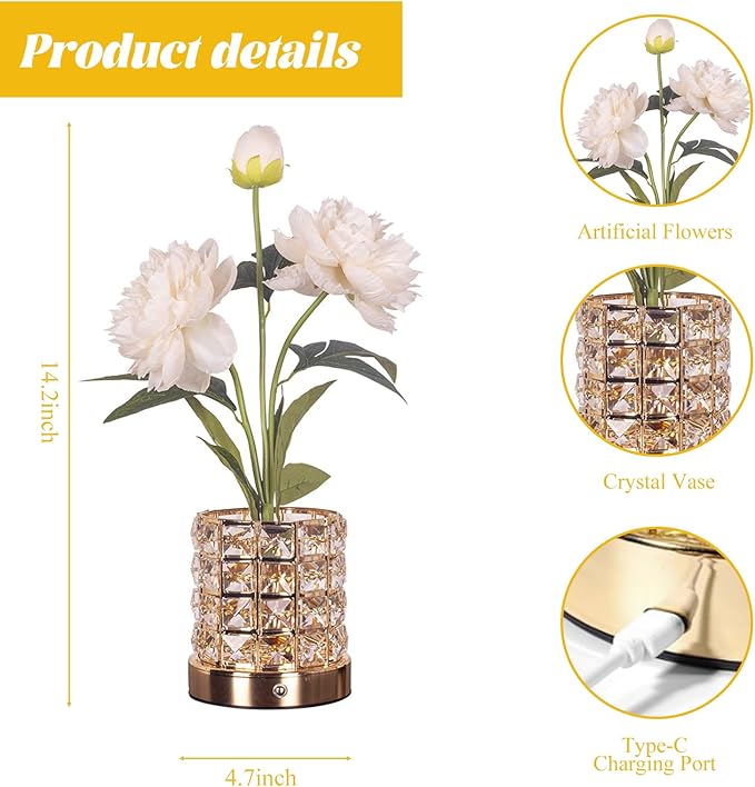 Flower Table Lamp, Orchid Flower with Crystal Vase Lamp, Cordless Touch Desk Light, 3 Colors Dimming & Rechargeable, Small Night Light for Bedroom Home, Romantic Gifts for Girl Women (Peony-White)