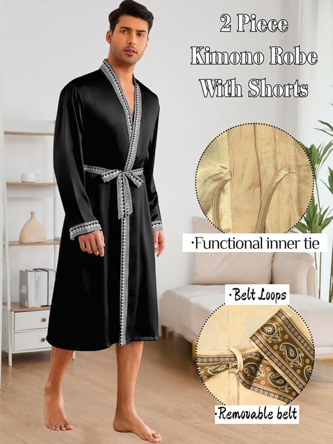 ChiaoLezhee Mens Satin Bath Robe with Shorts Set, Silk Paisley Kimono Lightweight, Soft Long Sleeve Sleepwear