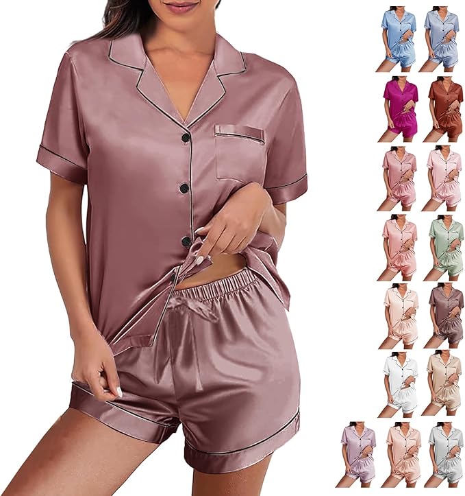 WJing Yi Jia Womens Silk Satin Pajamas Loungewear Two-Piece Sleepwear Button-Down Floral Pj Set XS-4XL