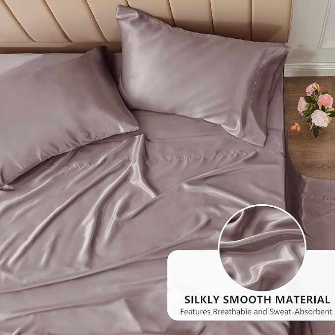 CozyLux Satin Sheets King Size Sheet Set - 4 Piece Silky King Sheets, Luxury Dusty Purple King Bed Set with Smooth and Soft Microfiber, Includes 1 Fitted Sheet, 1 Flat Sheet and 2 Pillowcases