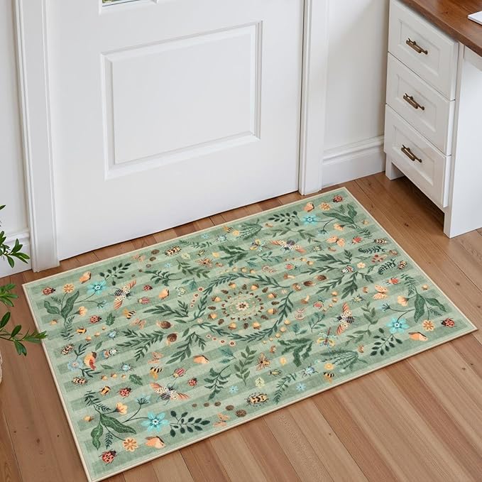 Lahome Chloe Insect Botanical 2x3 Kitchen Rugs Green Door Mat Indoor Entrance,Machine Washable Boho Floral Small Rug,Soft Non-Slip Indoor Carpet Throw Rugs for Entryway Bathroom Laundry(Green,2x3)
