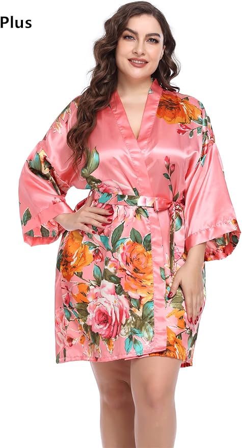 MissNina Women's Floral Satin Kimono Robes Short Silky Bridesmaid Robes Sleepwear