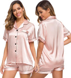 SWOMOG Womens Silk Satin Pajamas Set Short Sleeve Sleepwear Button Down Top and Shorts Loungewear 2 Piece Pjs Set XS-3XL