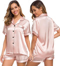 SWOMOG Womens Silk Satin Pajamas Set Short Sleeve Sleepwear Button Down Top and Shorts Loungewear 2 Piece Pjs Set XS-3XL
