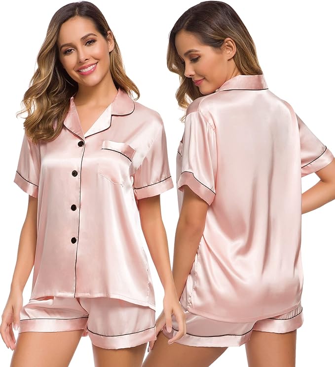 SWOMOG Womens Silk Satin Pajamas Set Short Sleeve Sleepwear Button Down Top and Shorts Loungewear 2 Piece Pjs Set XS-3XL