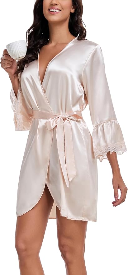 Lace Trim Satin Robes for Women Bride Bridesmaid Silky Kimono Robe Valentines Lingerie with Bell Sleeves