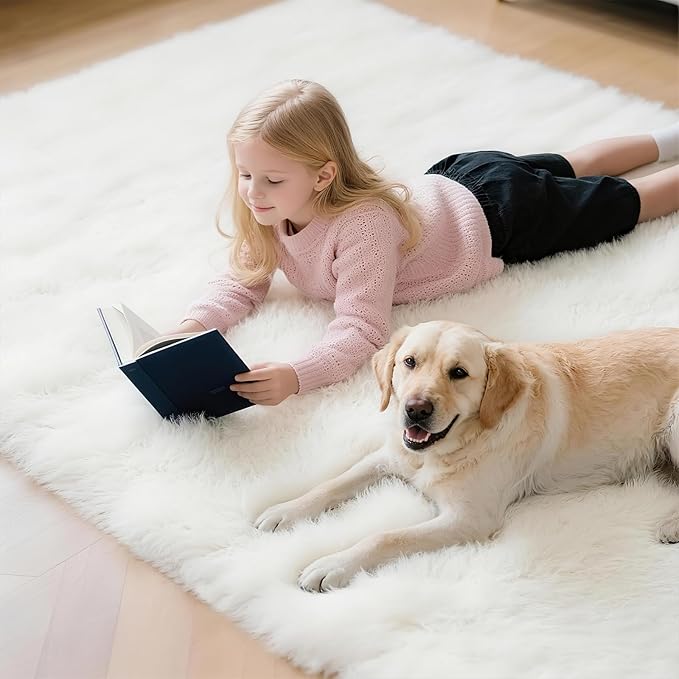 Shag White Rug, Rugs for Bedroom Living Room, 4x6 Ultra Soft Fluffy Area Rugs for Bedside, Kids Girls Room, Nursery, Playroom, Easy Clean, Indoor Carpet for Living Room, Modern Carpet Décor