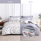 ALEISSEL White Floral Cotton Comforter Queen Size - 3PC Lightweight Bedding Sets with Soft Fill, Elegant Pale Purple & Burgundy Botanical Patterns with Light Gray Reversible Design