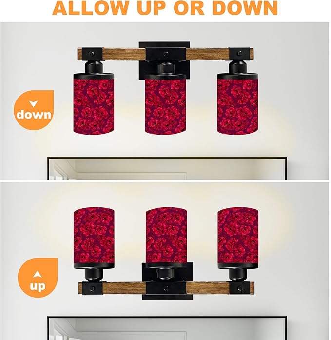 Vanity Lights for Bathroom Wall Lights for Bedroom Living Room Vibrant Red Peony Floral Deep Magenta Modern Bathroom Light Fixtures Wall Sconces 3 Light Home Decor