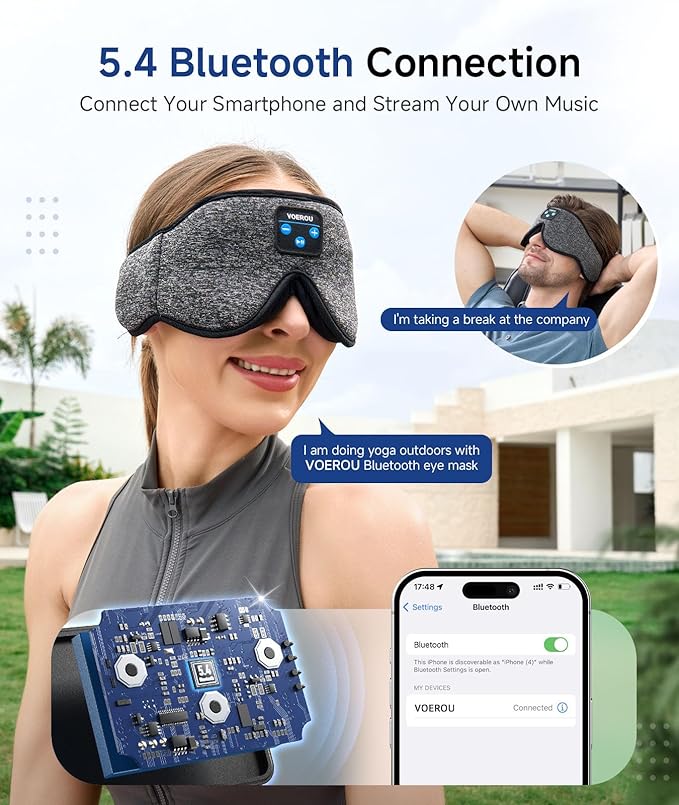 Voerou Sleep Headphones Sleep Mask Bluetooth 5.4 Earphones, Sleeping Headphones Eye Masks for Men Women, 100% Black Out Eye Covers for Sleeping, Relaxation Christmas Tech Gifts for Teen Boys Mom Dad
