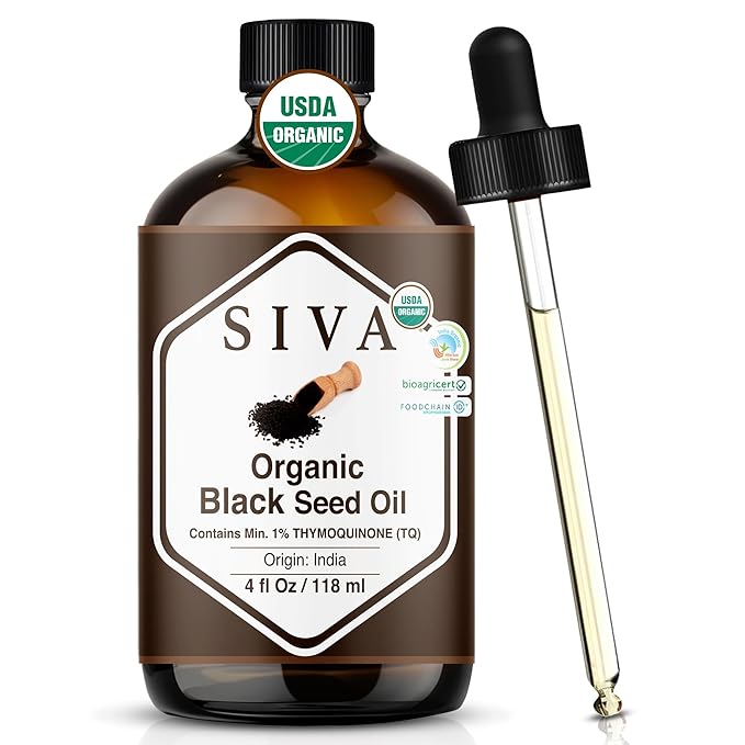 SIVA Black Seed Oil Organic - 4 Fl Oz – 100% Natural Cold Pressed Black Seed Oil - for Face, Skin Care, Hair Care, Scalp Massage & Body Massage – Carrier Oil with Dropper