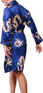 Mens Satin Robe,Silk Long Sleeve House Kimono Bathrobe,Soft Loungewear Dragon Robe