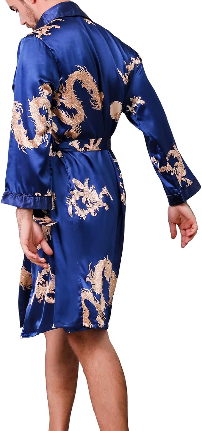 Mens Satin Robe,Silk Long Sleeve House Kimono Bathrobe,Soft Loungewear Dragon Robe