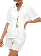 CHYRII Women's Silk Satin Pajamas Sets Tie Front Short Sleeve Tops and Shorts Two Piece Pj Sets Sleepwear