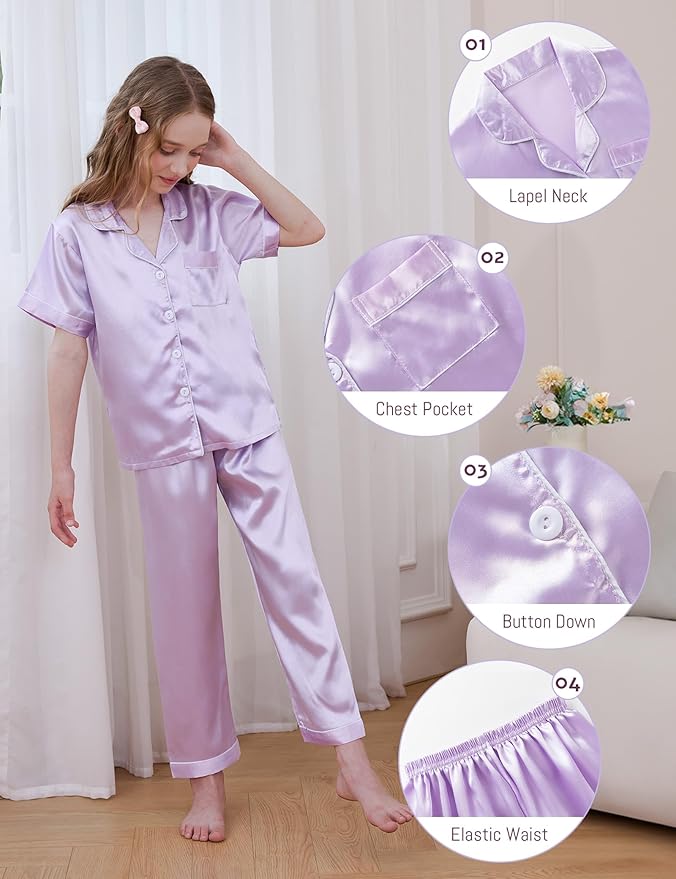DIPUG 3 Piece Girls Silk Pajamas Set Soft Satin PJs Sleepwear for Comfortable Nights