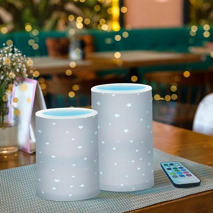 Childish Star and Moon Grey Peach Decorative Flickering Candles with Remote Electronic Lights Mystique with Timer for Party Valentine Battery Operated