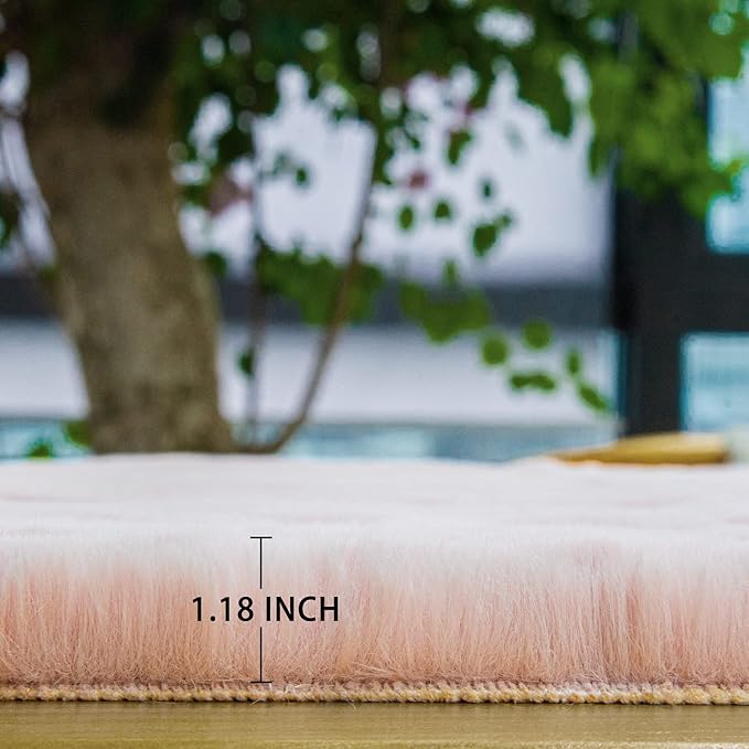 ORINOVA Pink Fluffy Washable Faux Rabbit Fuzzy Fur Area Rugs for Bedroom Large Furry Rugs for Living Room 2x10 Runner Nursery Rug Home Décor