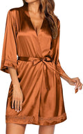 Ekouaer Women's Lace-Trim Silk Robes Bride Bridesmaid Kimono Satin Bathrobe V Neck Sleepwear with 3/4 Sleeve
