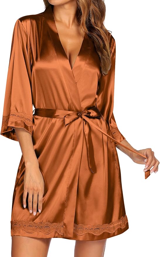 Ekouaer Women's Lace-Trim Silk Robes Bride Bridesmaid Kimono Satin Bathrobe V Neck Sleepwear with 3/4 Sleeve