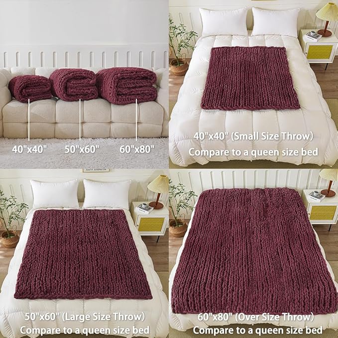 WESHIONGOO Chunky Knit Blanket Throw 51"×63" Knitted Throw Blankets for Couch Bed Fluffy Soft Blanket with Jumbo Chenille Yarn Thick 100% Handmade(Burgundy Red)
