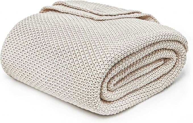 Joydeco Chunky Cable Knit Throw Blanket, Lightweight 100% Organic Cotton Soft Cozy Throw Twin Blanket for Couch Bed and Sofa, Rustic Breathable Farmhouse Blanket Gift for Women Men(Beige, 51"x63")